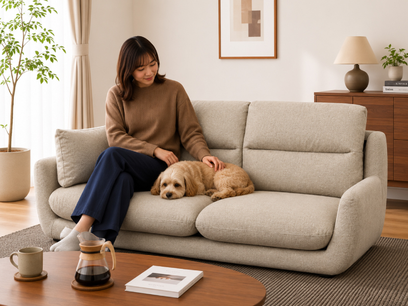 女性と犬がソファでくつろぐ様子